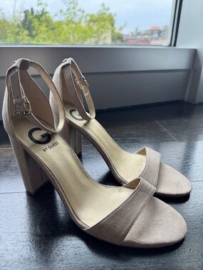 G by Guess Nude Suede Ankle-Strap Block Heel Sandals